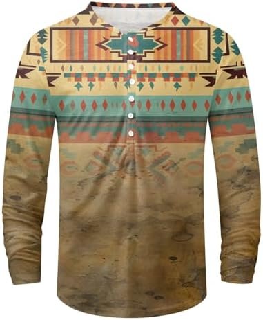 Men's Patchwork Color Casual Crew Neck Button Up T Shirt Large Size Digital Printed T Shirt Long Cold Gear Shirt